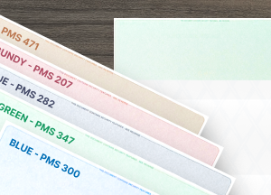 Brown, Burgundy, Dark Blue, Blue, and Green Blank Cheque Stock.