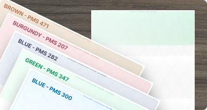Brown, Burgundy, Dark Blue, Blue, and Green Blank Cheque Stock.