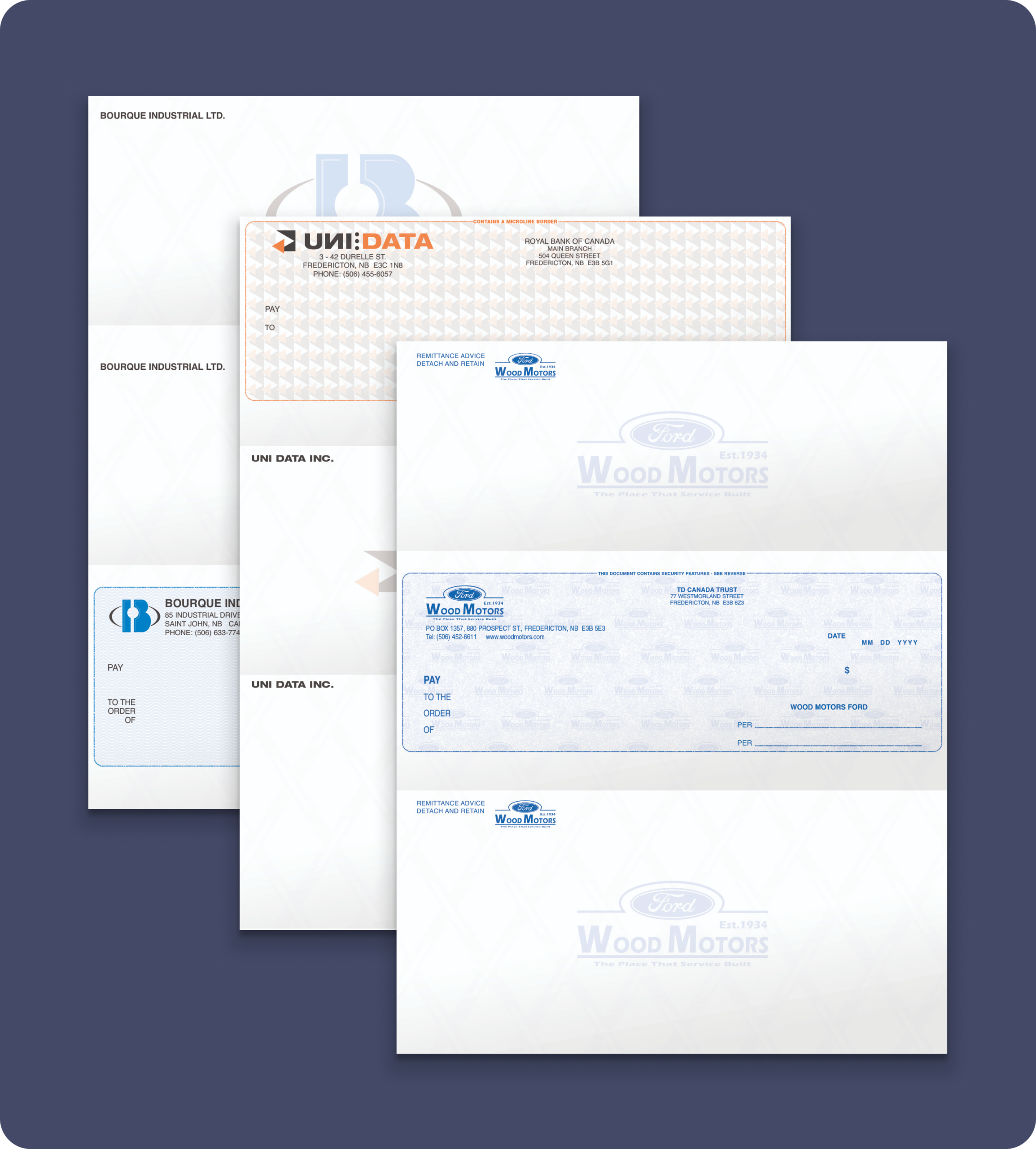 Custom cheques examples on a purple background.